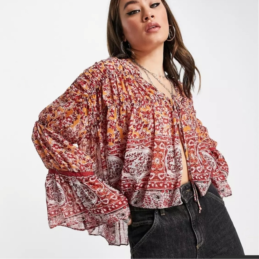 Free People Lorraine Tier Kimono Bohemian Print tie-Front Top Cardi Rust Lace L - Picture 9 of 12